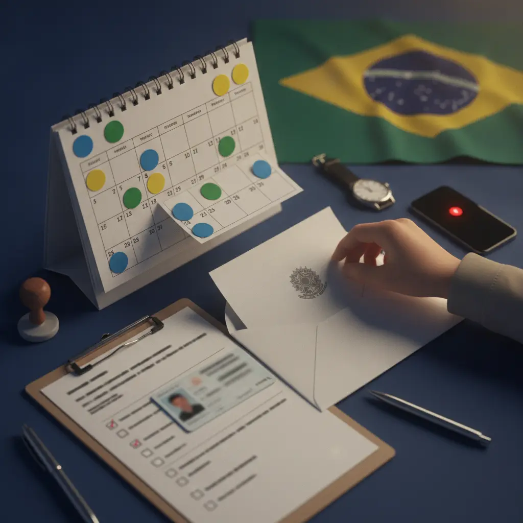 Ilustração editorial de calendário, documentos e relógio simbolizando pedido de reaplicação do Enem, sem texto.