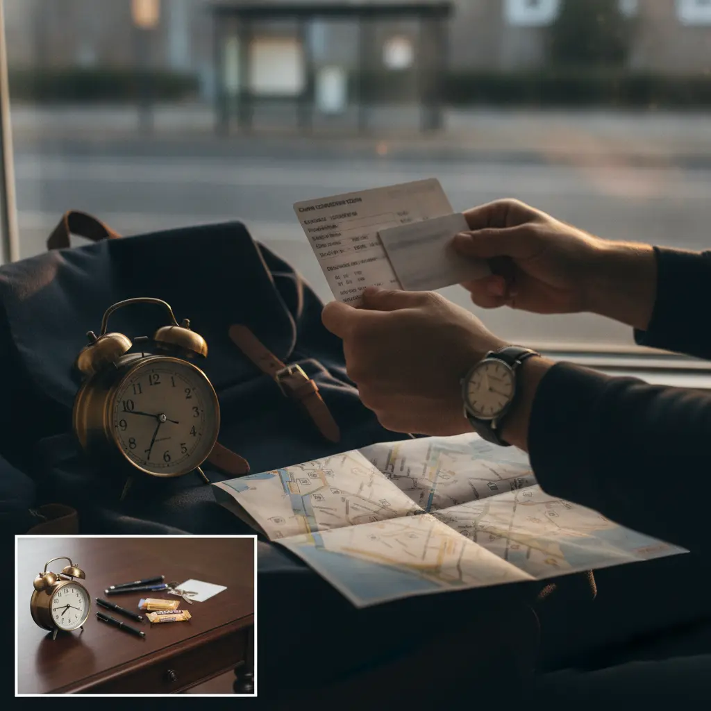 Mãos segurando cartão de confirmação e documento, com relógio, mochila e mapa de rota ao fundo, representando preparação para o dia da PND.