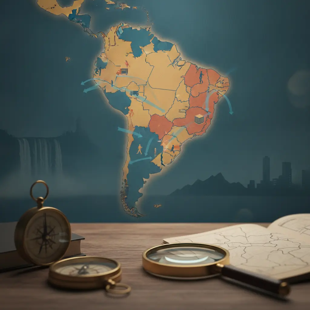 Ilustração editorial de mapa da América do Sul destacando Mercosul, setas de circulação, símbolos de comércio e objetos de estudo.