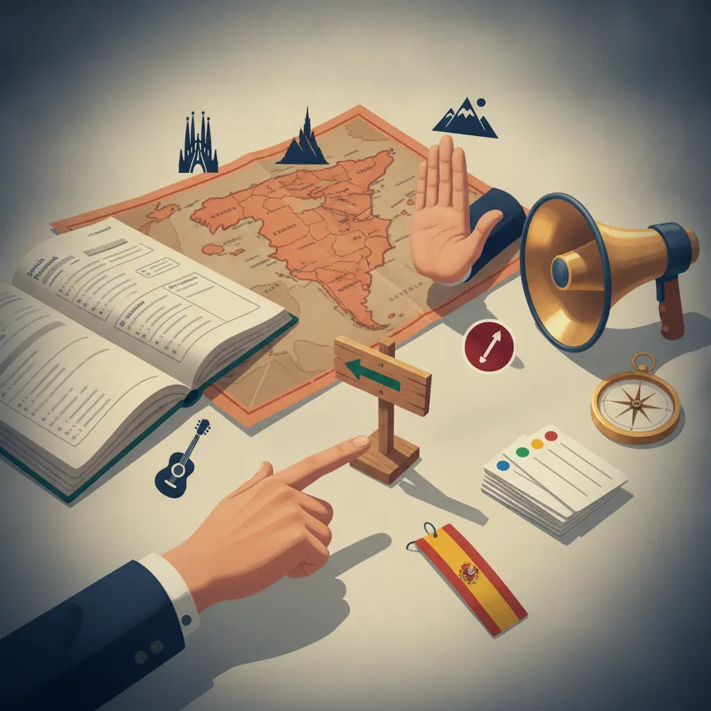 Ilustração editorial: livro de espanhol, mapa e duas mãos (apontando e sinalizando pare) representando imperativo afirmativo e negativo.