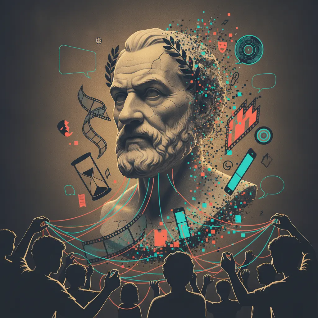 Ilustração editorial: busto de Nietzsche dissolvendo-se em fragmentos da cultura de massa enquanto jovens tecem fios que formam sentido.