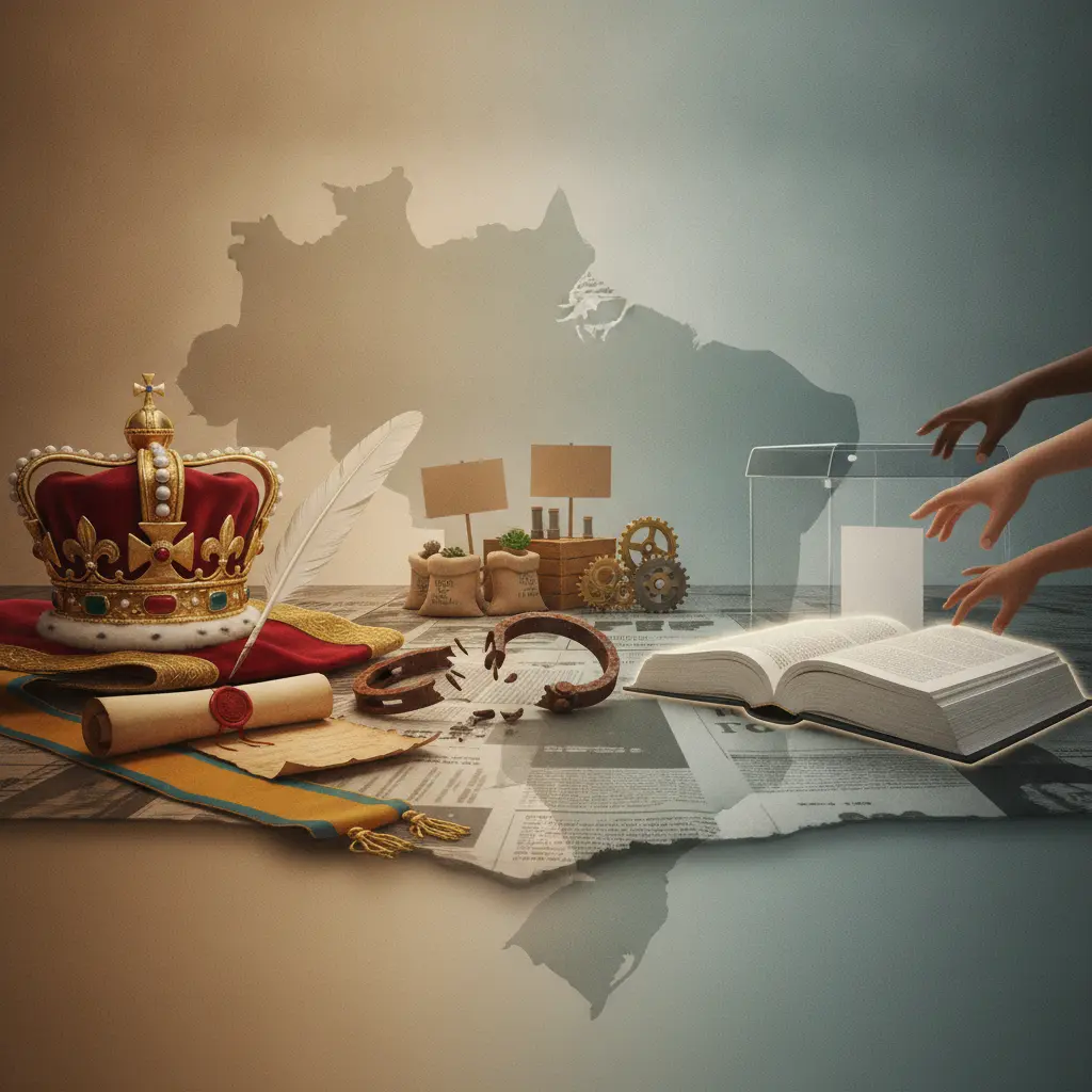 Linha do tempo ilustrativa com artefatos do Brasil: coroa imperial, pena e pergaminho, algemas quebradas, urna estilizada e livro aberto da Constituição de 1988, com mãos diversas alcançando-o e mapa do Brasil ao fundo.