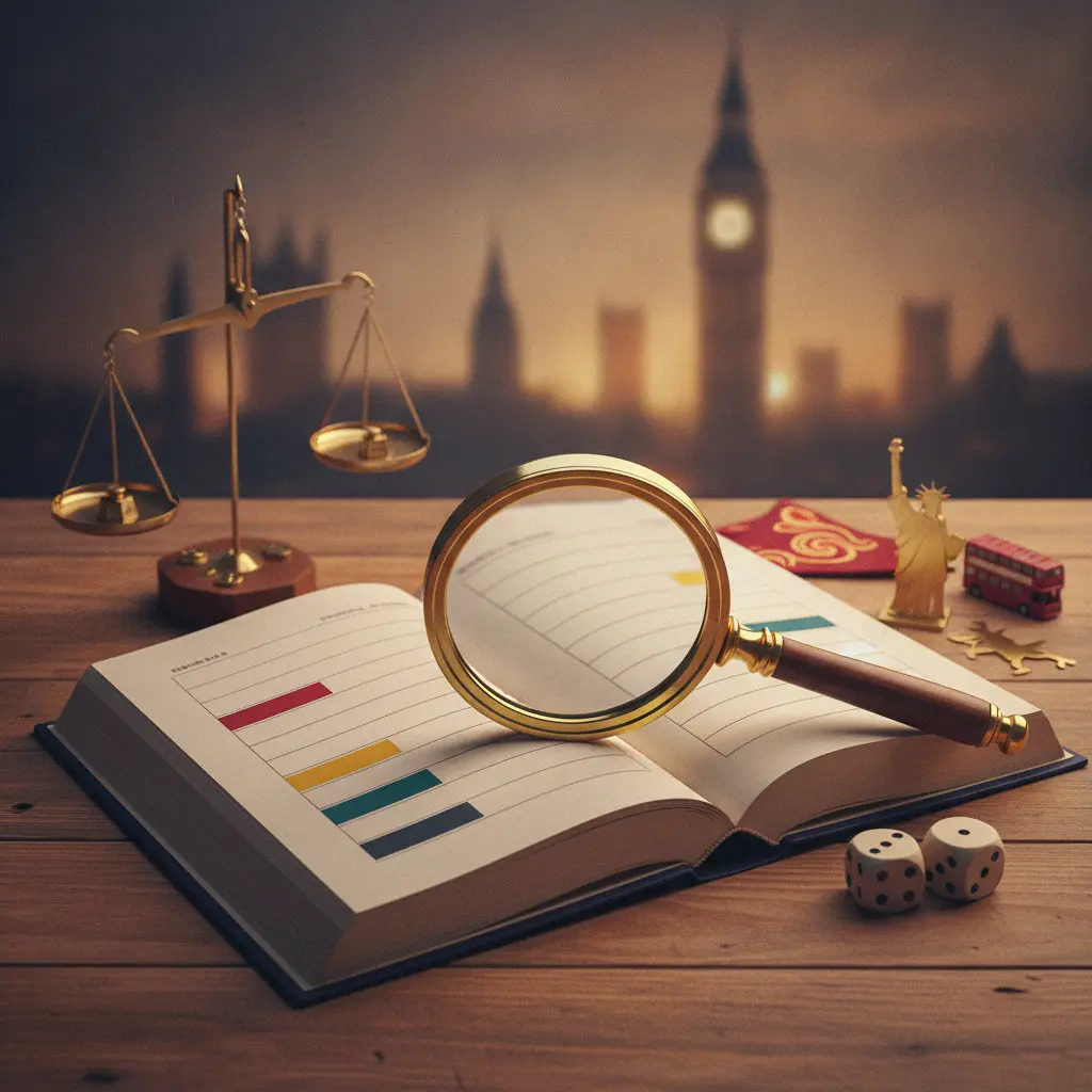 Lupa sobre livro aberto com dados e balança, ao fundo silhuetas de Big Ben e Estátua da Liberdade.