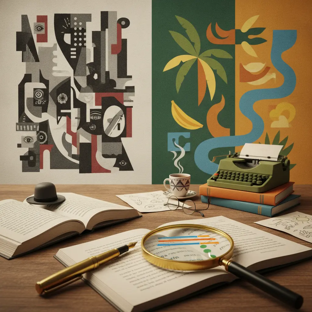 Ilustração editorial dividida comparando vanguardas europeias (colagem geométrica preto e branco) e Modernismo brasileiro (formas orgânicas e cores tropicais) com livros, máquina de escrever, lupa e caneta, sem texto.
