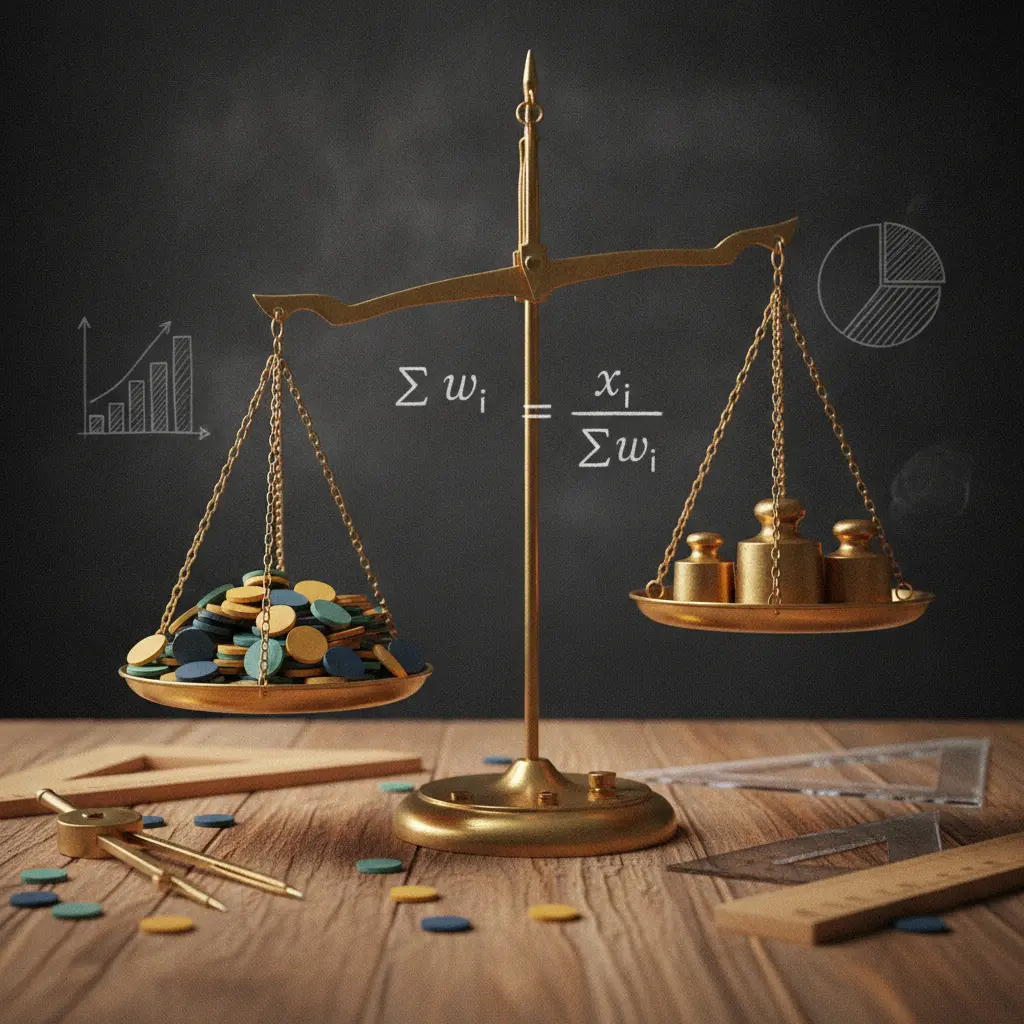 Balança ilustrada com pesos desproporcionais e fórmula de média ponderada ao fundo.