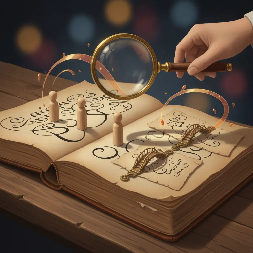 Ilustração editorial de livro e páginas com mini-figuras (pronomes), fitas de movimento (advérbios) e pequenas pontes metálicas (conjunções) ligando fragmentos, sugerindo alteração de sentido.