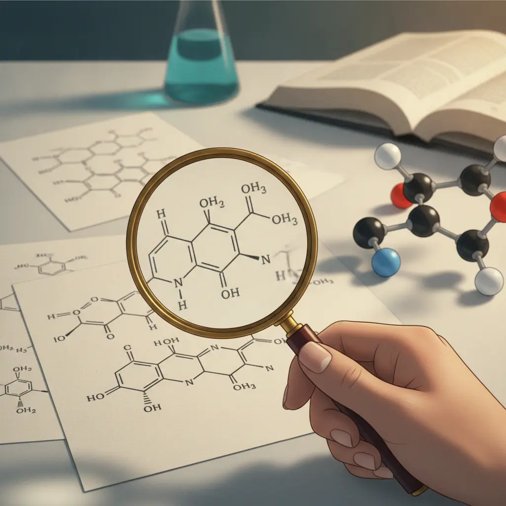 Close-up editorial de lupa sobre fórmulas estruturais orgânicas e um modelo molecular 3D, enfatizando a leitura de estruturas.