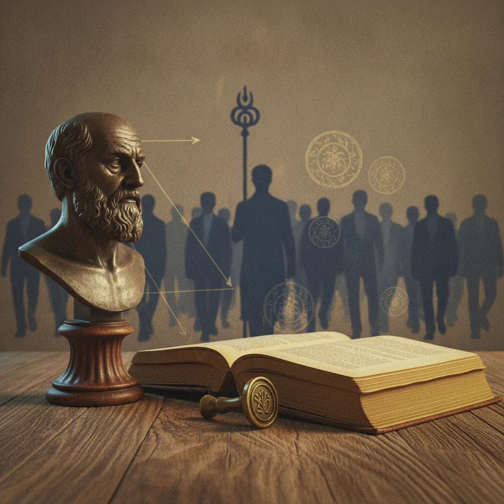 Ilustração editorial com um busto clássico, livro antigo e uma procissão de silhuetas simbolizando a dominação tradicional de Max Weber.