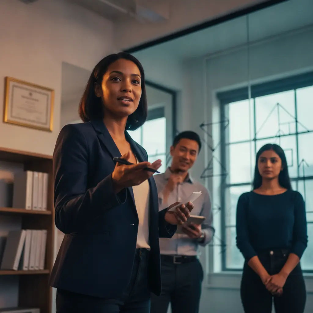 Pessoa praticando apresentação profissional em espaço de coworking, com mentor ao fundo.