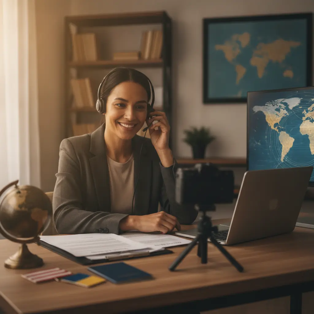 Profissional em home office ajustando headset antes de entrevista remota internacional, com globo e documentos desfocados na mesa.