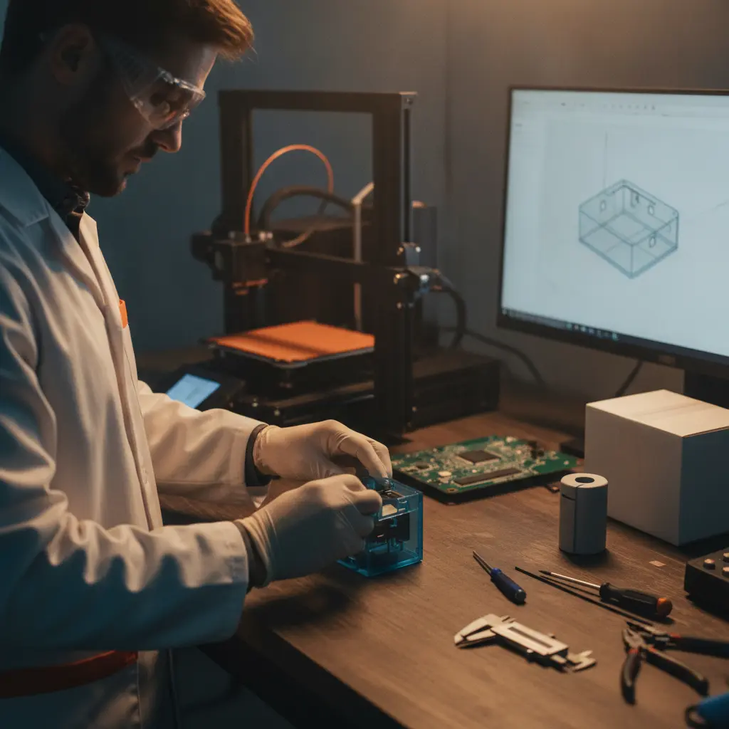 Engenheiro em oficina de prototipagem montando um protótipo com impressora 3D e placa eletrônica sobre a bancada.