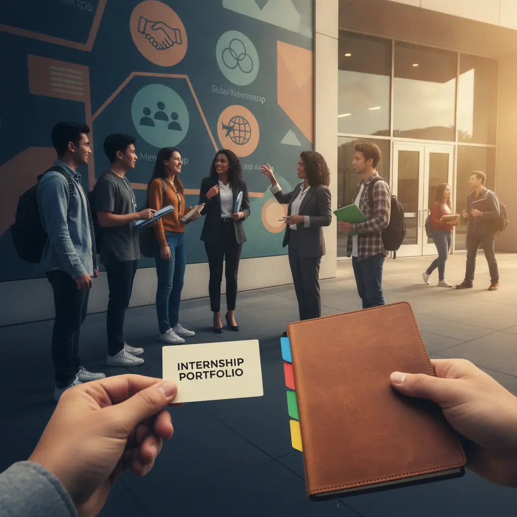 Estudantes do primeiro ano com orientador no campus, close de troca de portfólio e mapa de carreira ilustrado sem palavras.