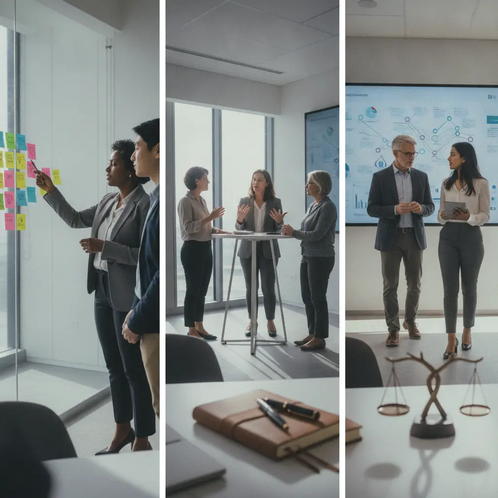 Profissionais em ambiente de gestão: mentor ao lado de quadro kanban, oficina de liderança em pé e mentor caminhando no corredor, simbolizando crescimento sustentável na carreira.