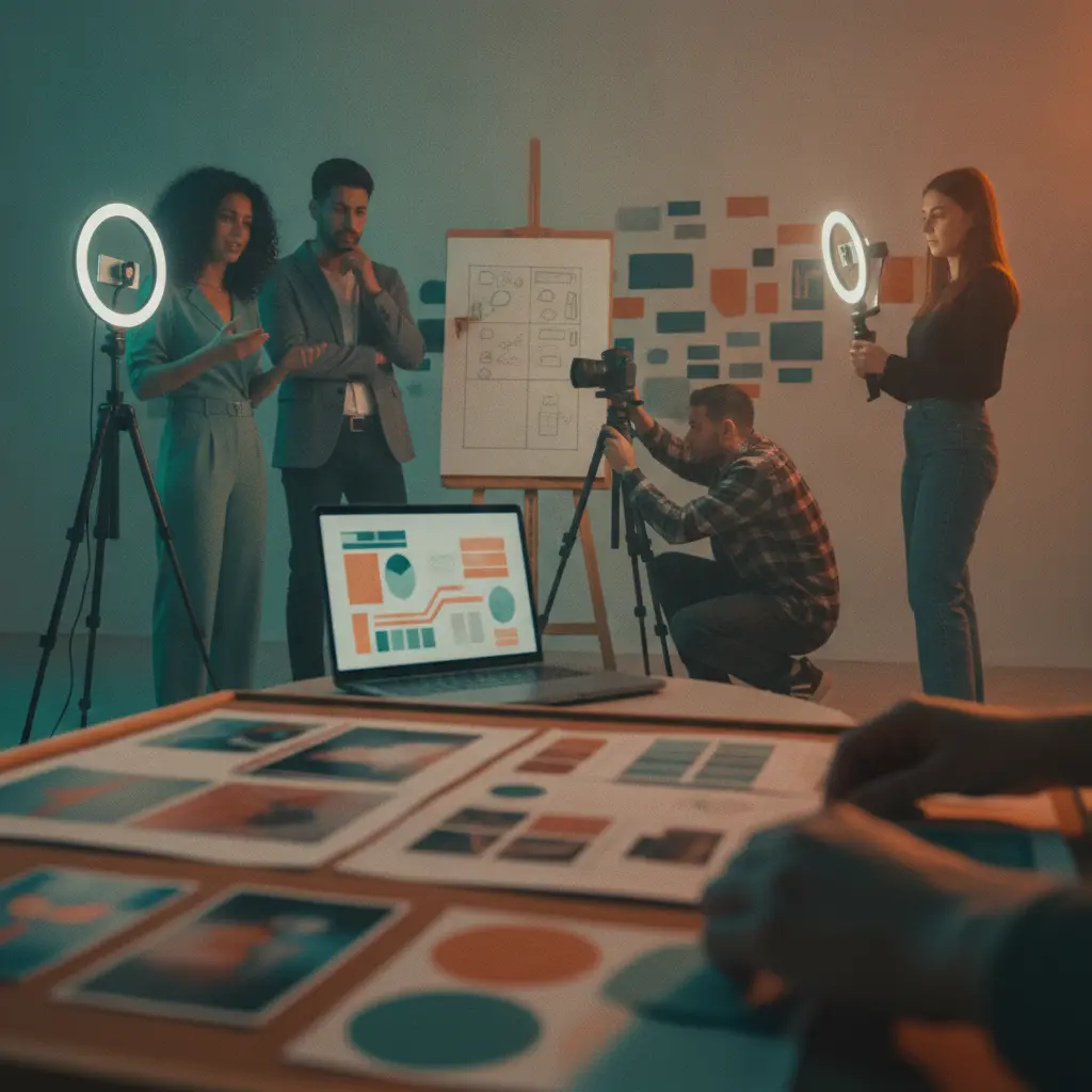 Marketing de influência: equipe profissional em estúdio de criação com câmera, ring light e moodboard sem texto.