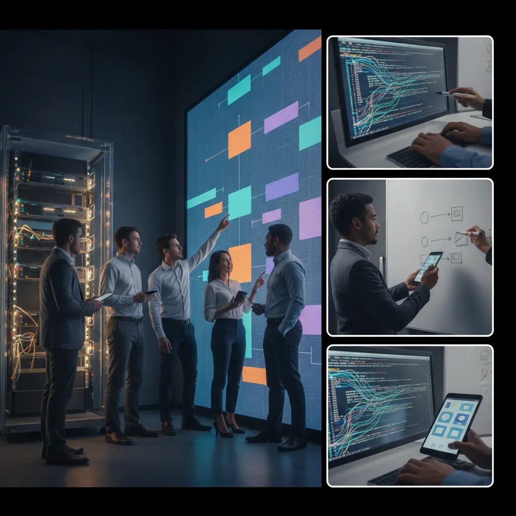Equipe de tecnologia diversa colaborando em um ambiente de produto digital com telas de código abstrato, servidor ao fundo e esboços de interface sem texto.