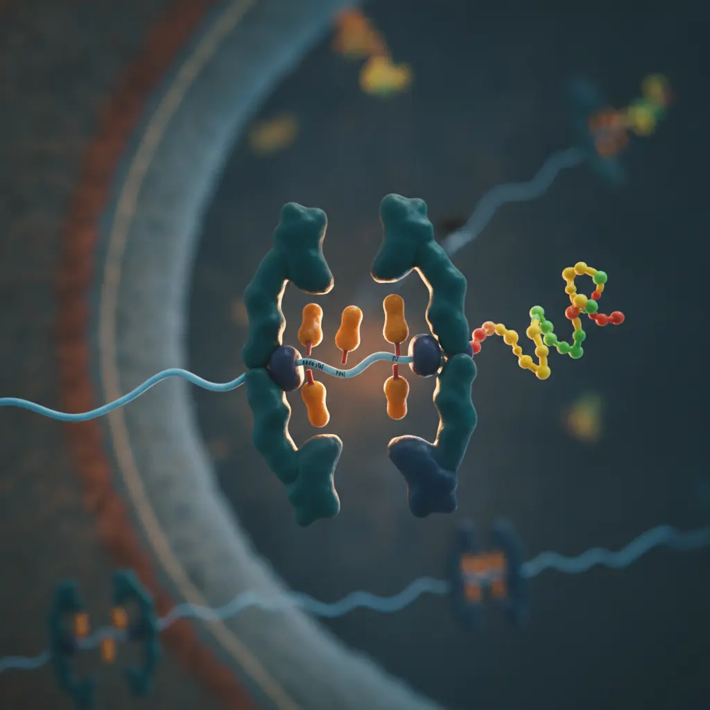 Ilustração editorial em close-up de um ribossomo traduzindo um mRNA, com subunidades, tRNAs e cadeia polipeptídica emergente.