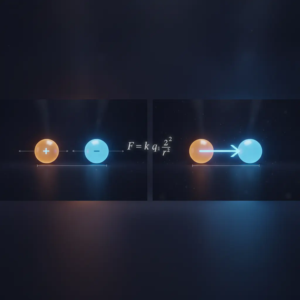 Ilustração editorial comparando forças elétricas: esferas carregadas mais próximas com vetores maiores e mais distantes com vetores menores, com a fórmula de Coulomb.