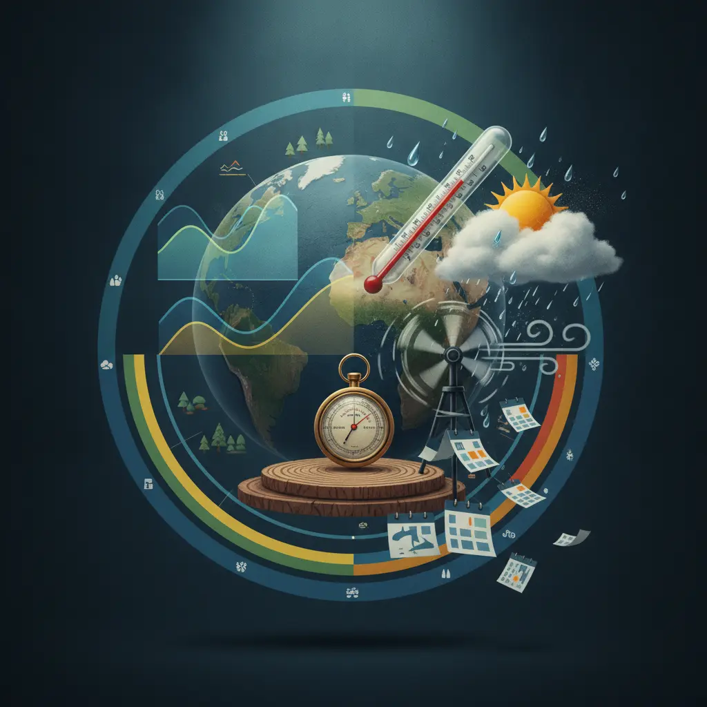 Ilustração editorial dividida: à esquerda mapa e gráficos de médias históricas (clima), à direita termômetro, chuva e vento (tempo) mostrando a diferença entre clima e condição momentânea.