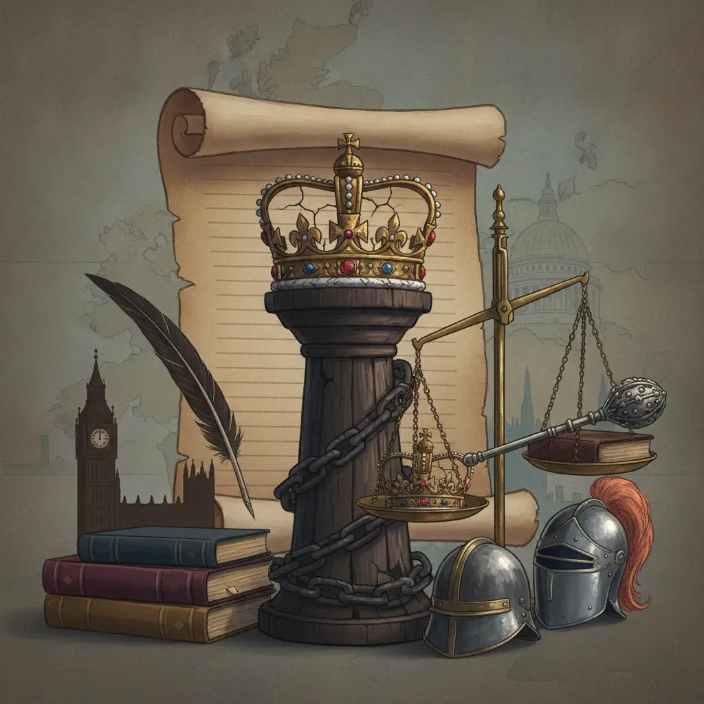 Ilustração editorial com coroa rachada, pergaminho, balança e silhueta do Parlamento representando a limitação do poder do rei nas revoluções inglesas.
