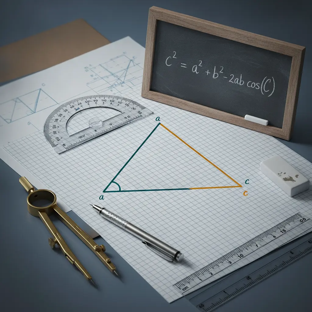 Triângulo em papel milimetrado com compasso, transferidor e a fórmula c² = a² + b² − 2ab cos(C) escrita em um quadro pequeno.