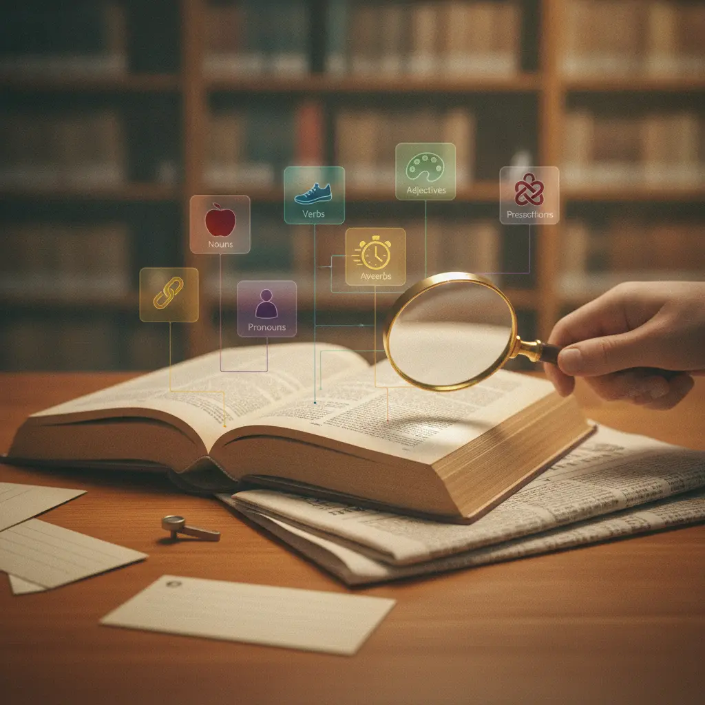 Livro aberto com lupa e distintivos pictográficos coloridos conectados ao texto, simbolizando classes de palavras, sem texto visível.