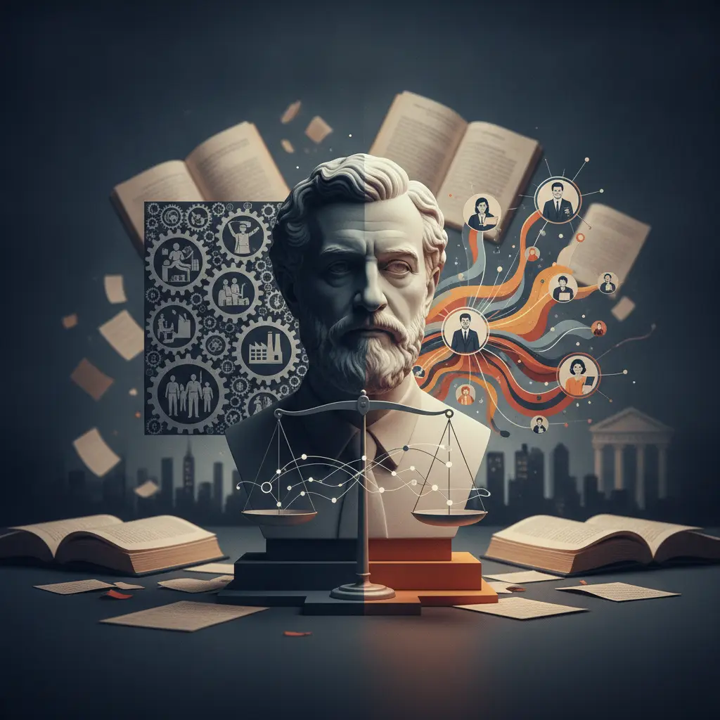 Ilustração editorial de Durkheim com engrenagens e rede de profissões representando a divisão do trabalho social.