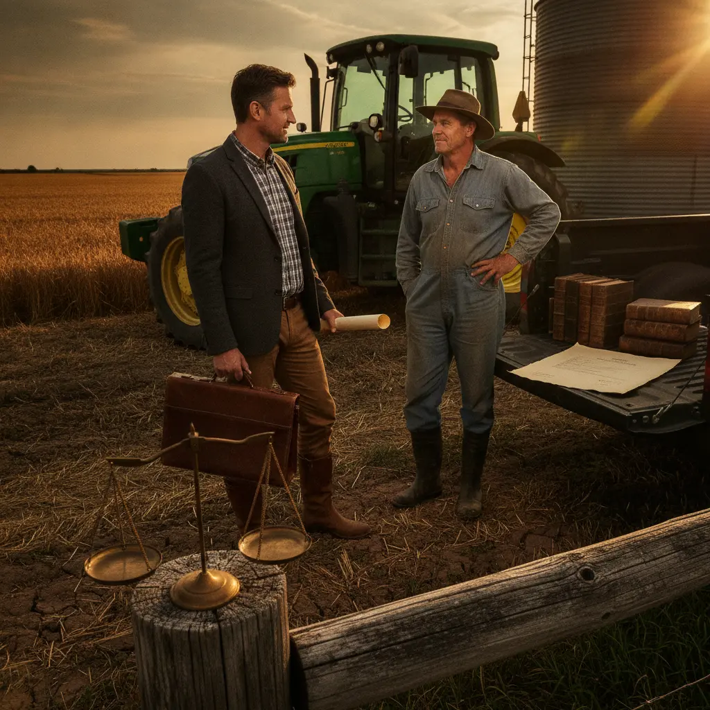 Advogado e produtor no campo com balança da justiça sobre cerca e silos ao fundo.