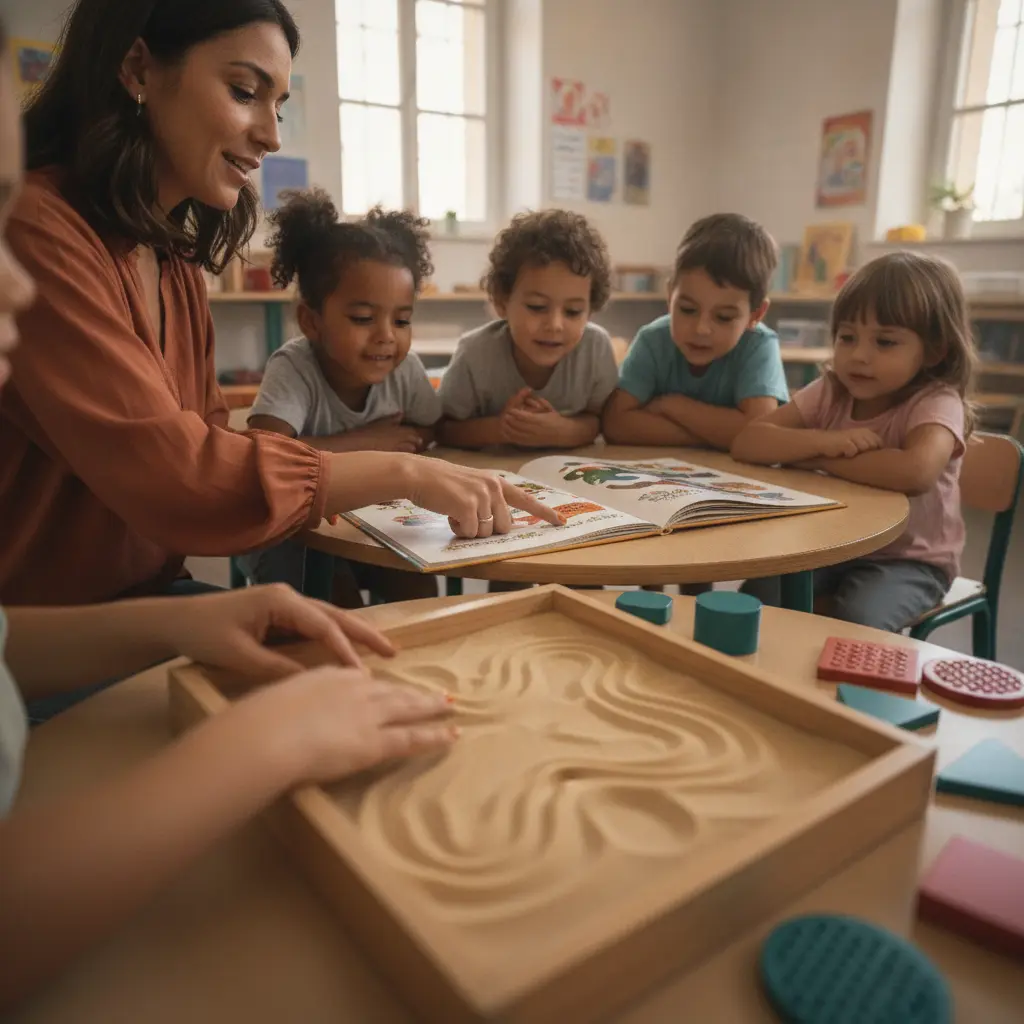 Professor alfabetizador guia a mão de uma criança em atividade sensorial, com outros alunos em volta e livro ilustrado aberto na mesa.