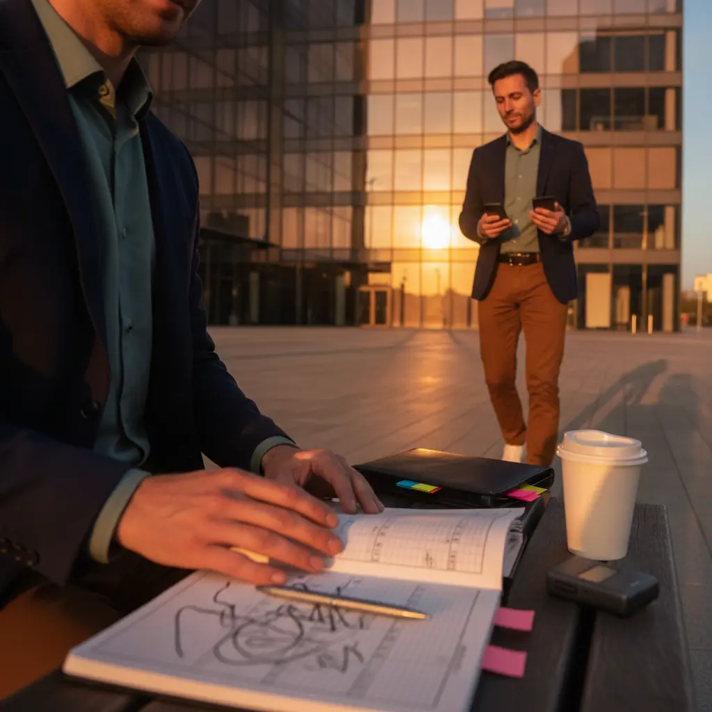 Profissional em frente a prédio de escritórios com pasta e smartphone, caderno aberto no banco ao primeiro plano, expressão decidida.