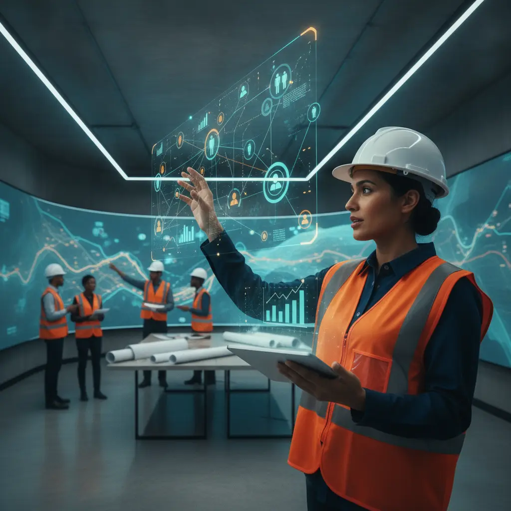 Engenheiro em ambiente profissional apontando para uma projeção holográfica que conecta pessoas, dados e pontos de decisão.