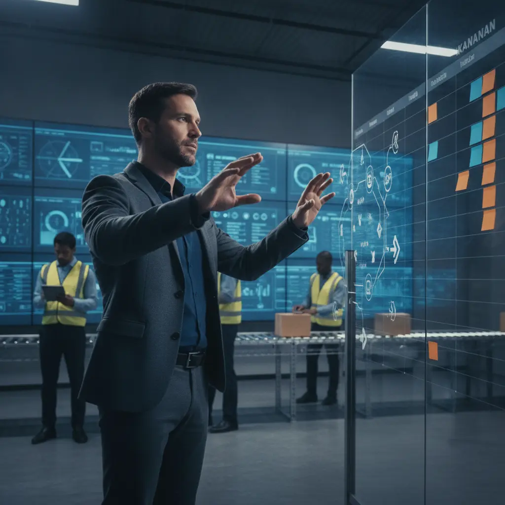 Gestor de operações orientando equipe diante de dashboards e quadro Kanban em ambiente operacional.