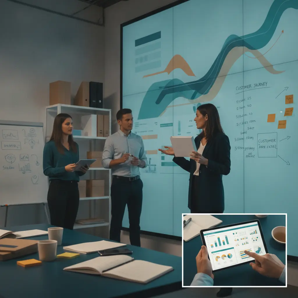Equipe de marketing de produto em estúdio criativo, com painel de dados, storyboard em vidro e mockup do produto na mão.