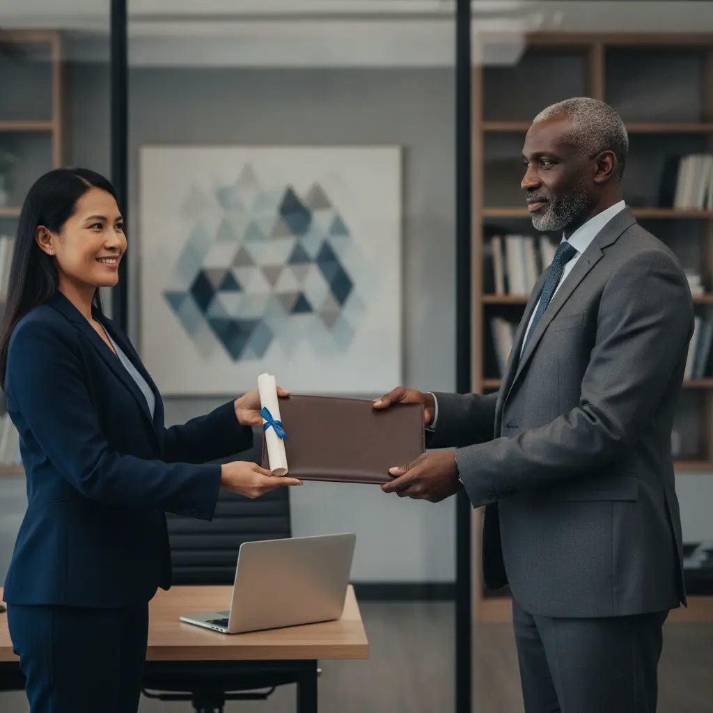 Profissional entrega pasta com diploma a gestor em escritório moderno, simbolizando pós-graduação como argumento para promoção.