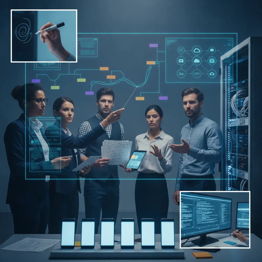 Equipe de tecnologia colaborando em um espaço de produto com telas, servidores e wireframes, mostrando papéis como product manager, designer, desenvolvedor, DevOps e QA.
