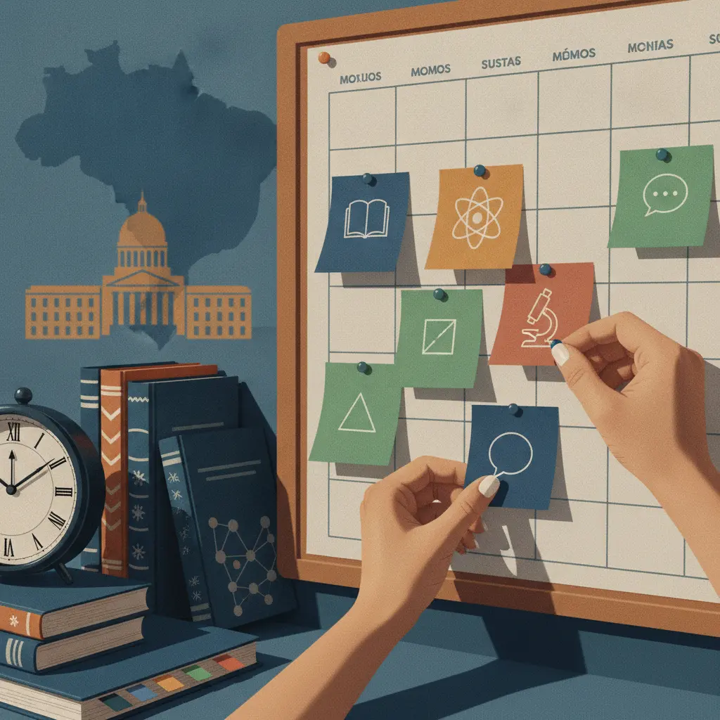 Ilustração editorial de planejamento de estudos para o Enem: mãos organizando cartões coloridos com ícones de matérias, relógio, livros e mapa do Brasil ao fundo.