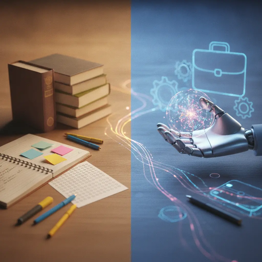 Ilustração editorial: mão humana recebendo um orbe neural de uma mão robótica, ao lado livros e caderno de estudo, simbolizando IA, trabalho e preparação para prova.