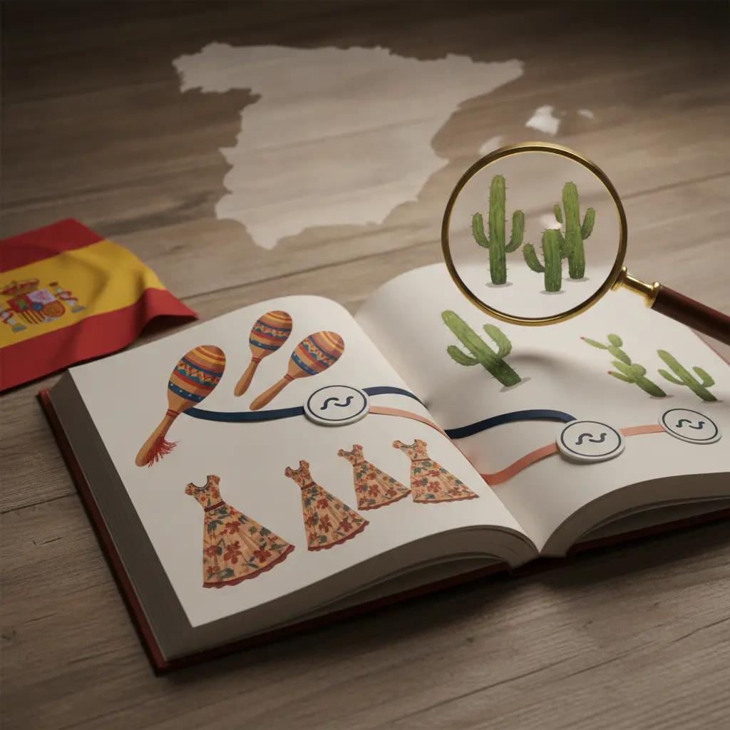 Ilustração editorial: livro de gramática de espanhol aberto com bandeira da Espanha, lupa e objetos (maraca, vestido, cacto) mostrando singular/plural e fitas coloridas sinalizando gênero e concordância nominal.