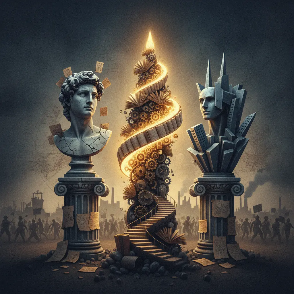 Ilustração editorial simbólica: busto clássico e elementos contrastantes unidos por uma luz dourada em espiral, representando tese, antítese e síntese da dialética hegeliana.