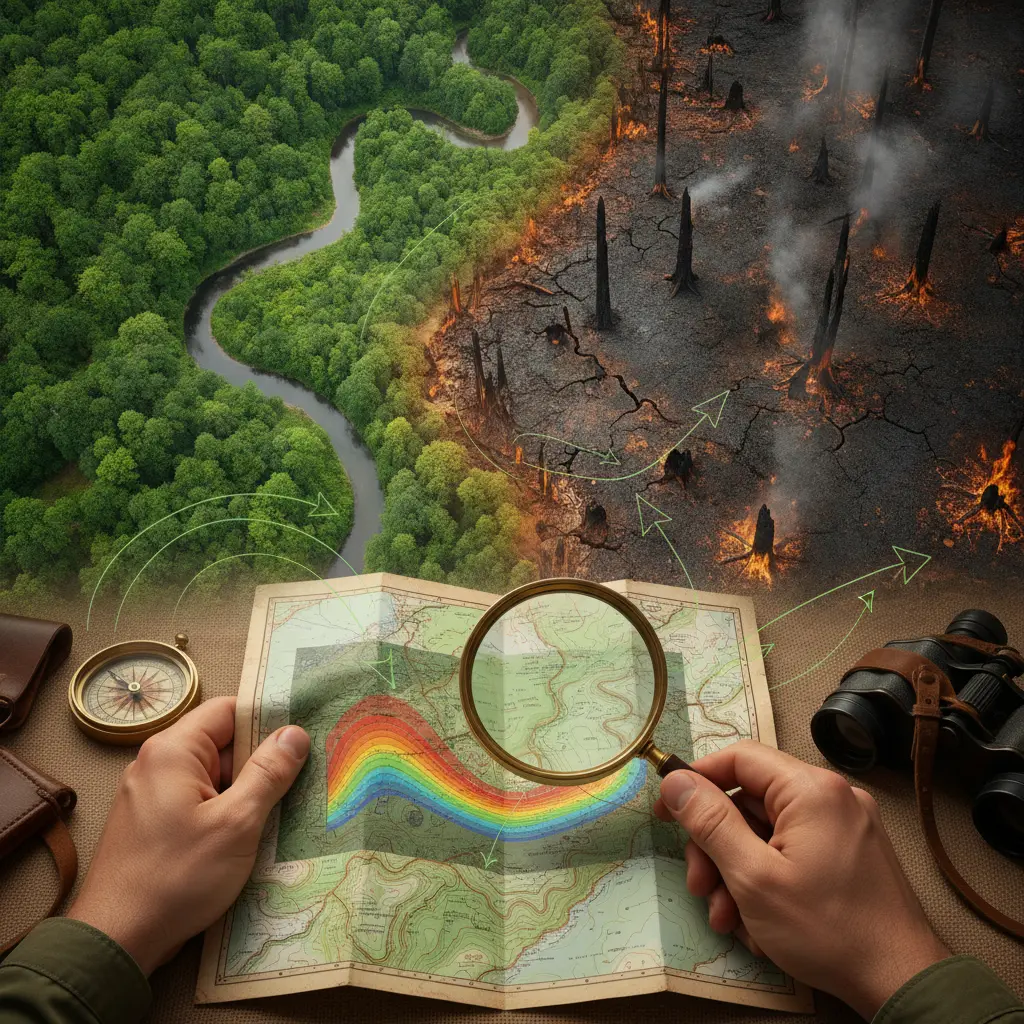 Ilustração editorial com mapa e lupa mostrando a transição entre floresta verde e área queimada, com fumaça e sinais de calor.
