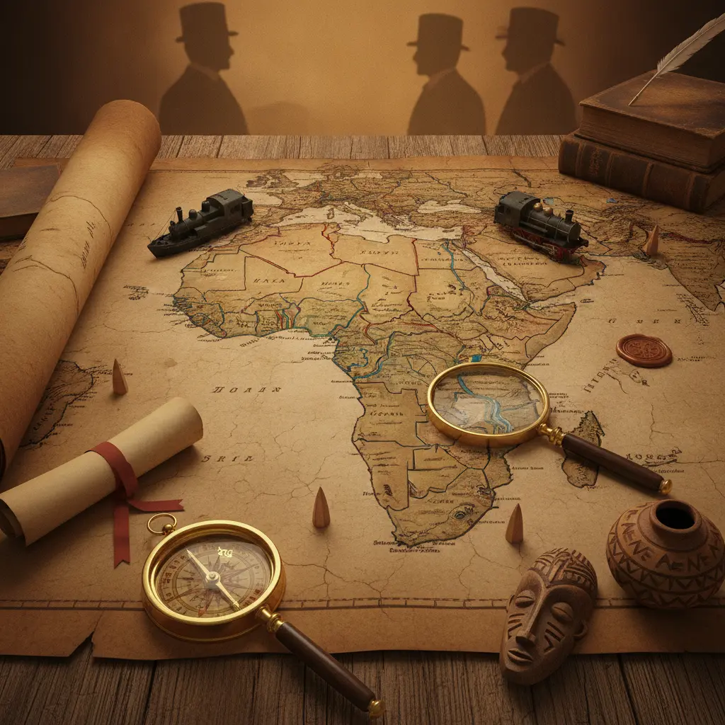 Mapa antigo da África com linhas de partilha, compasso, pergaminho de tratado, modelos de navio e artefatos africanos, ilustrando a Conferência de Berlim e fronteiras artificiais.