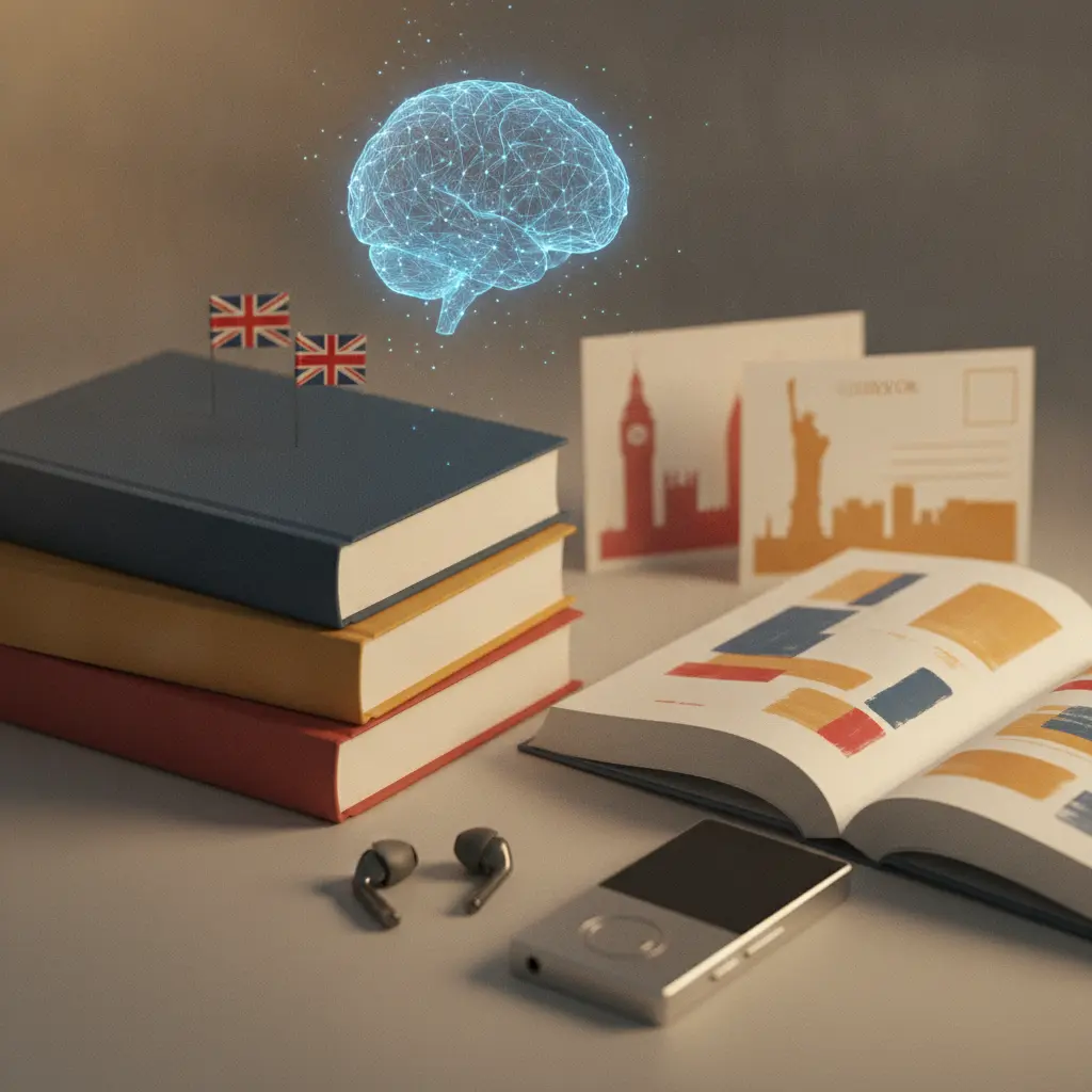 Cena editorial com livros de inglês sem texto, pequenas bandeiras do Reino Unido e EUA, fones, postais de Londres e Nova York e um ícone gráfico de cérebro representando compreensão.