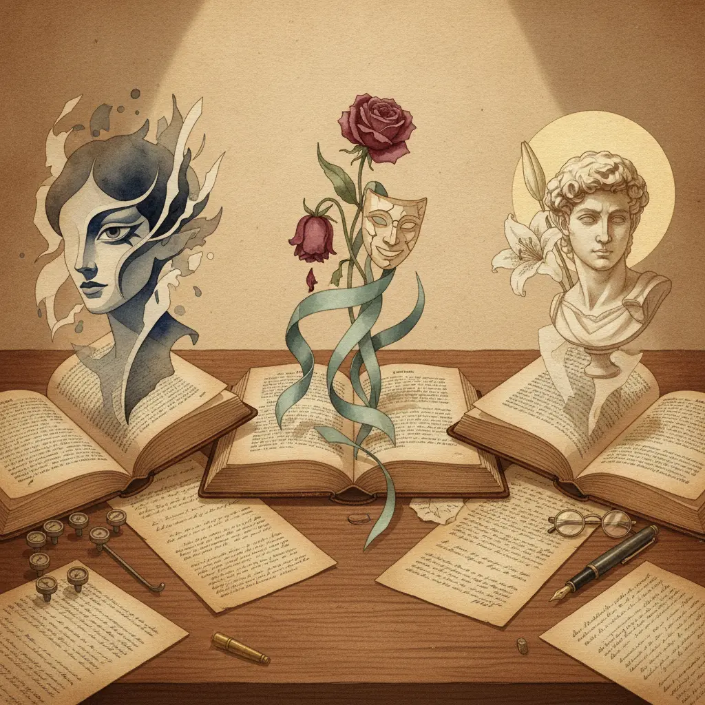 Ilustração editorial com livros antigos e símbolos das personagens de Machado de Assis: Capitu (olho oblíquo), Virgília (fita e máscara) e Helena (fragmento de estátua e lírio), com máquina de escrever e caneta.