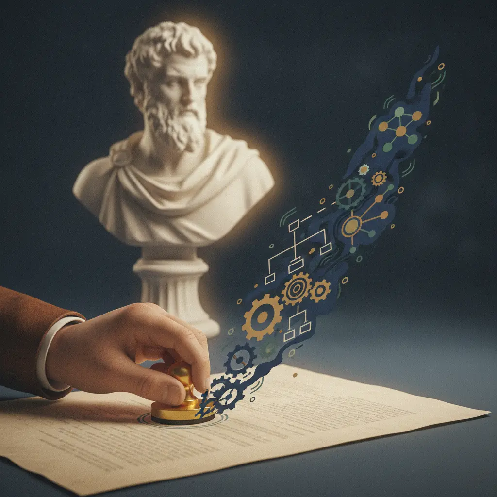 Ilustração editorial de papéis que se transformam em engrenagens e diagrama hierárquico, com um busto clássico ao fundo representando Weber e a ideia de burocracia além da papelada.