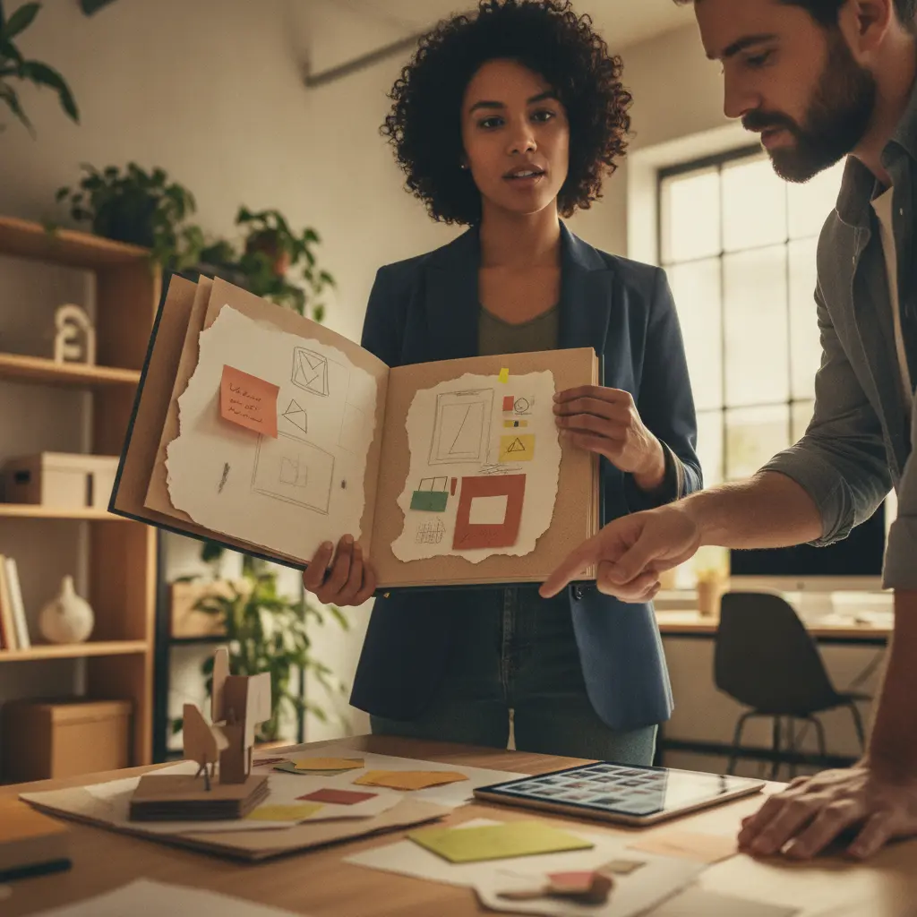 Profissional mostrando portfólio físico e digital com amostras, rascunhos e protótipos em coworking.