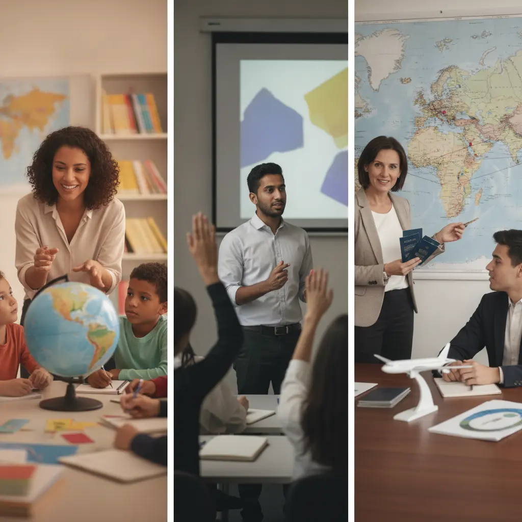 Profissionais da educação internacional: sala bilíngue, aula universitária em inglês e coordenadora de mobilidade com mapa e passaportes.