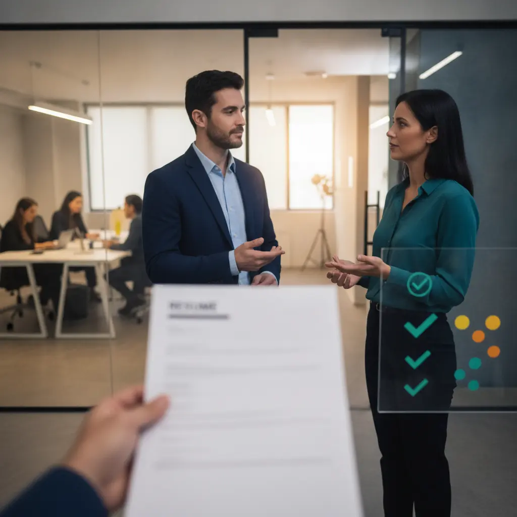 Recrutador em pé analisando currículo com painel de ícones de sinais positivos e equipe desfocada ao fundo.