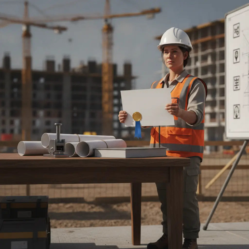 Engenheiro de obras com capacete segurando certificado com selo dourado em canteiro de obras, plantas técnicas ao lado.