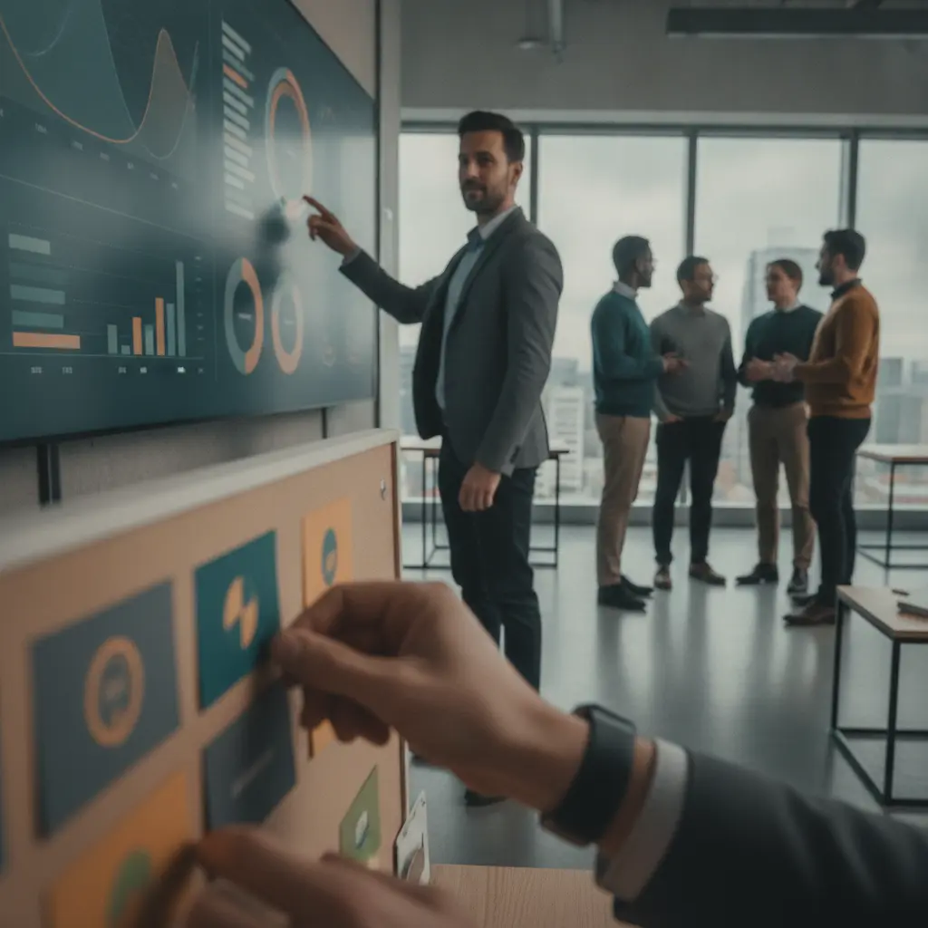 Líder movendo cartão de KPI no quadro com equipe de pé e tela grande de indicadores abstratos ao fundo.