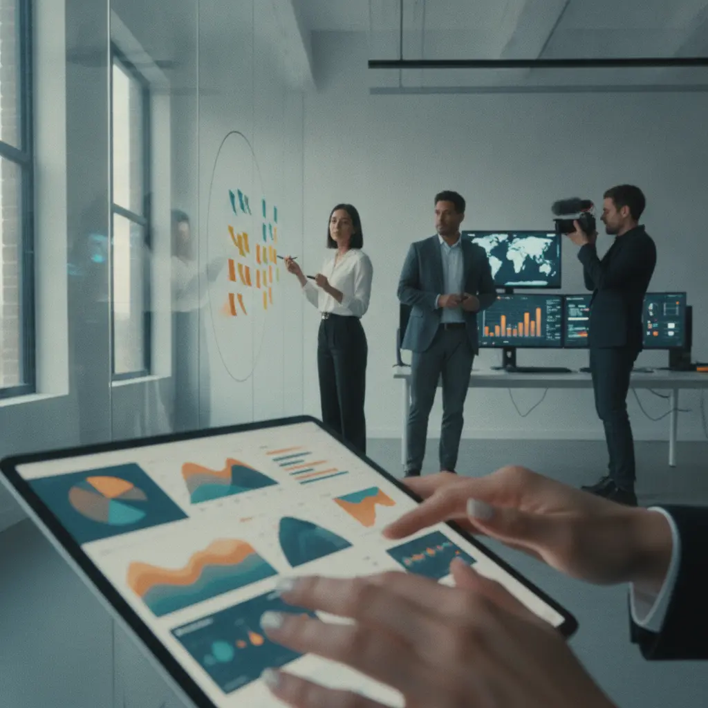 Ambiente de marketing híbrido: mãos em tablet com gráficos, designer em pé organizando post-its e estrategista vendo dashboards em monitores.