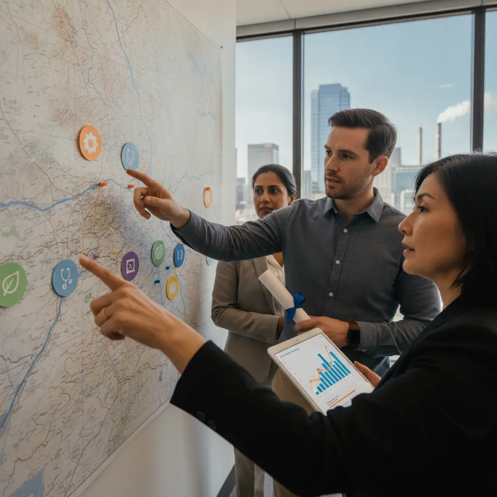 Profissionais conversando sobre pós‑graduação diante de mapa regional e quadro com ícones de setores, destacando a escolha voltada ao mercado local.